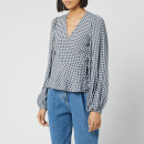 Ganni Women's Checked Printed Crepe Wrap Blouse - Brunnera Blue