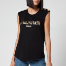 Balmain Women's 3 Button Metallic Vintage Logo Tank Top - Black