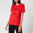 Balmain Women's Short Sleeve 3 Button Flocked Logo T-Shirt - Red