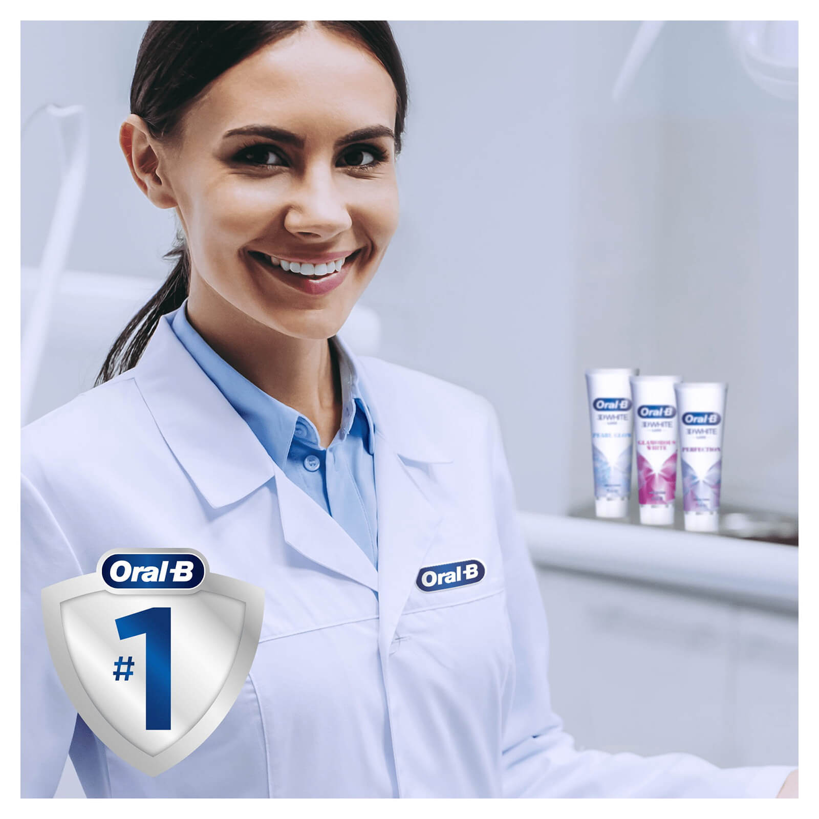 Oral B #1 - image of a dentist smiling with the oral-b toothpaste product