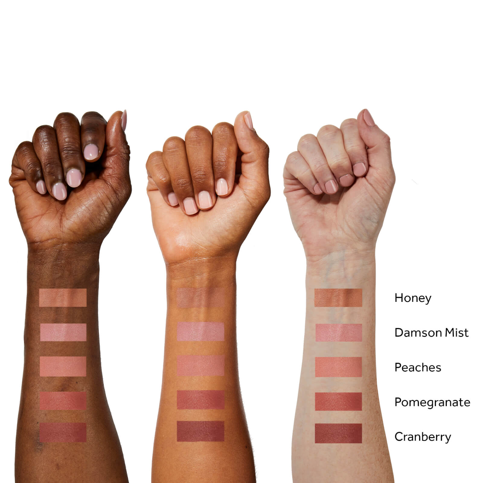 The image shows how the shades look on different skin types and the numbers show the shades