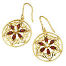 Gold Plated Circle Filigree Design Garnet Earrings