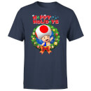 Nintendo Super Mario Toad Wreath Happy Holidays Navy T-Shirt