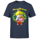 Nintendo Super Mario Peach Merry Christmas Wreath Navy T-Shirt
