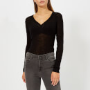 T by Alexander Wang Women's Sheer Wooly Rib Deep V-Neck Long Sleeve Top - Black