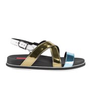 HUGO Women's Riette Cross Over Metallic Contrast Sole Leather Sandals - Open White