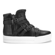 Ash Women's Jet Leather Buckle Flatform Hi-Top Trainers - Black
