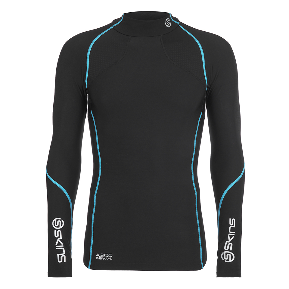 Skins A200 Mens Thermal Long Sleeve Compression Mock Neck Top - Black/Neon Blue | ProBikeKit UK
