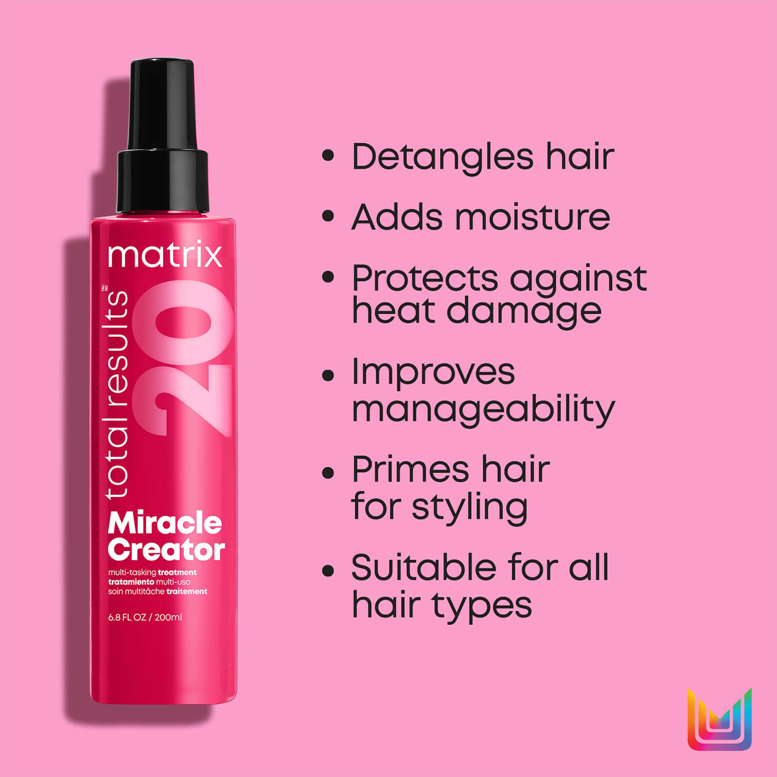 Detangles hair, adds moisture, and protects against heat damage, improves manageability, primes hair for styling, suitable for all hair types