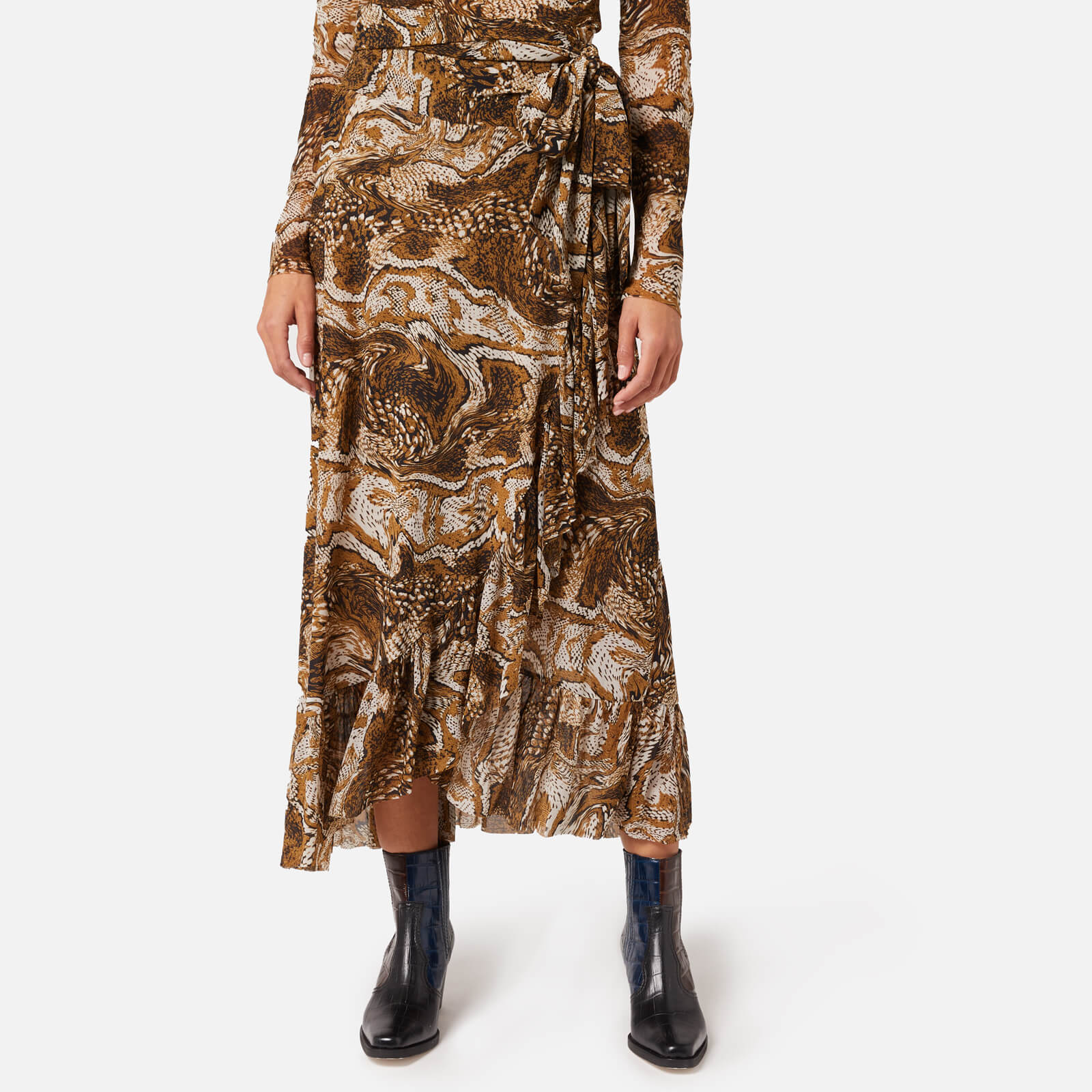 ganni printed mesh wrap skirt