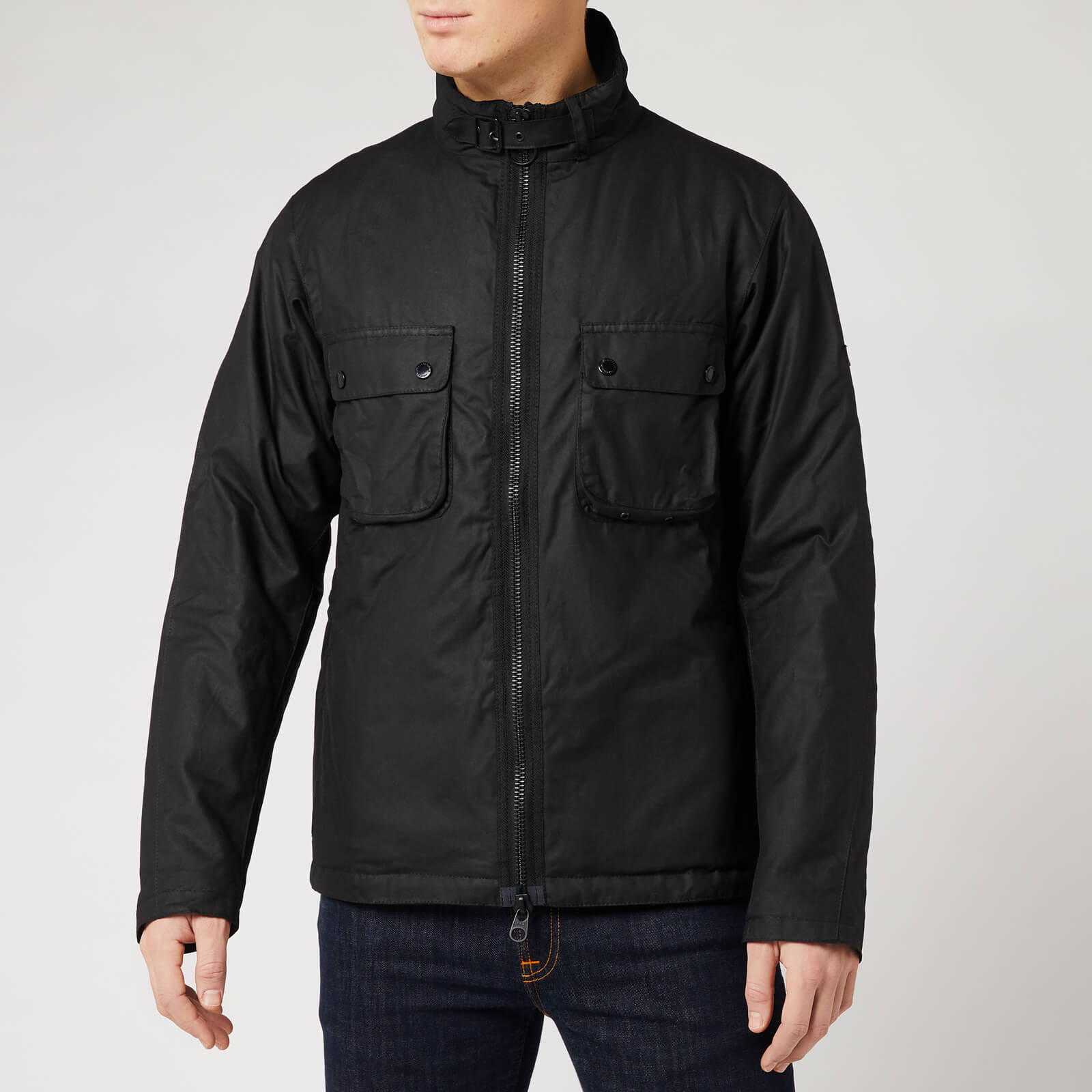 barbour international belted wax jacket