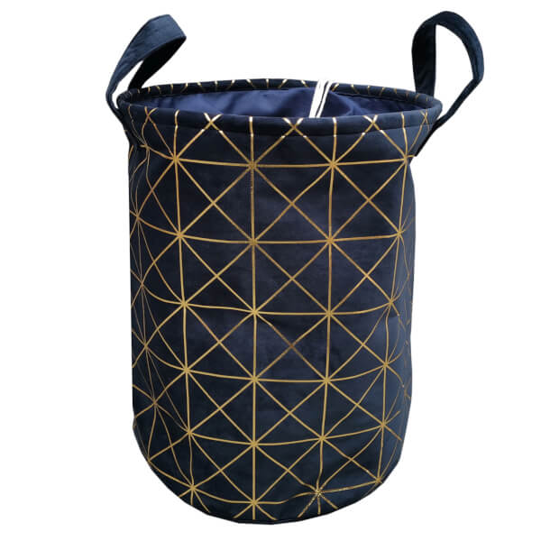 Laundry Hamper Velvet Navy Blue Gold Homebase