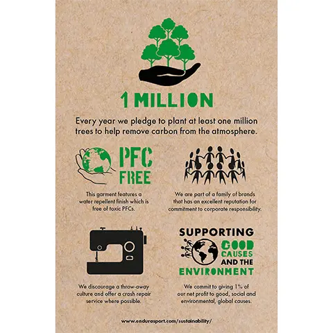 1 MILLION
              Every year we pledge to plant at least one million trees to help remove carbon from the atmosphere.
              PFC FREE
              This garment features a water repellent finish which is free of toxic PFCs.
              We discourage a throw-away culture and offer a crash repair service where possible.
              We are part of a family of brands that has an excellent reputation for commitment to corporate responsibility.
              SUPPORTING
              GOOD
              CAUSES
              AND THE
              ENVIRONMENT
              We commit to giving 1% of our net profit to good, social and environmental, global causes.
              www.endurasport.com/sustainability/,  #alltribesoneclan renegade progress to step up your ride, 150mm 45mm