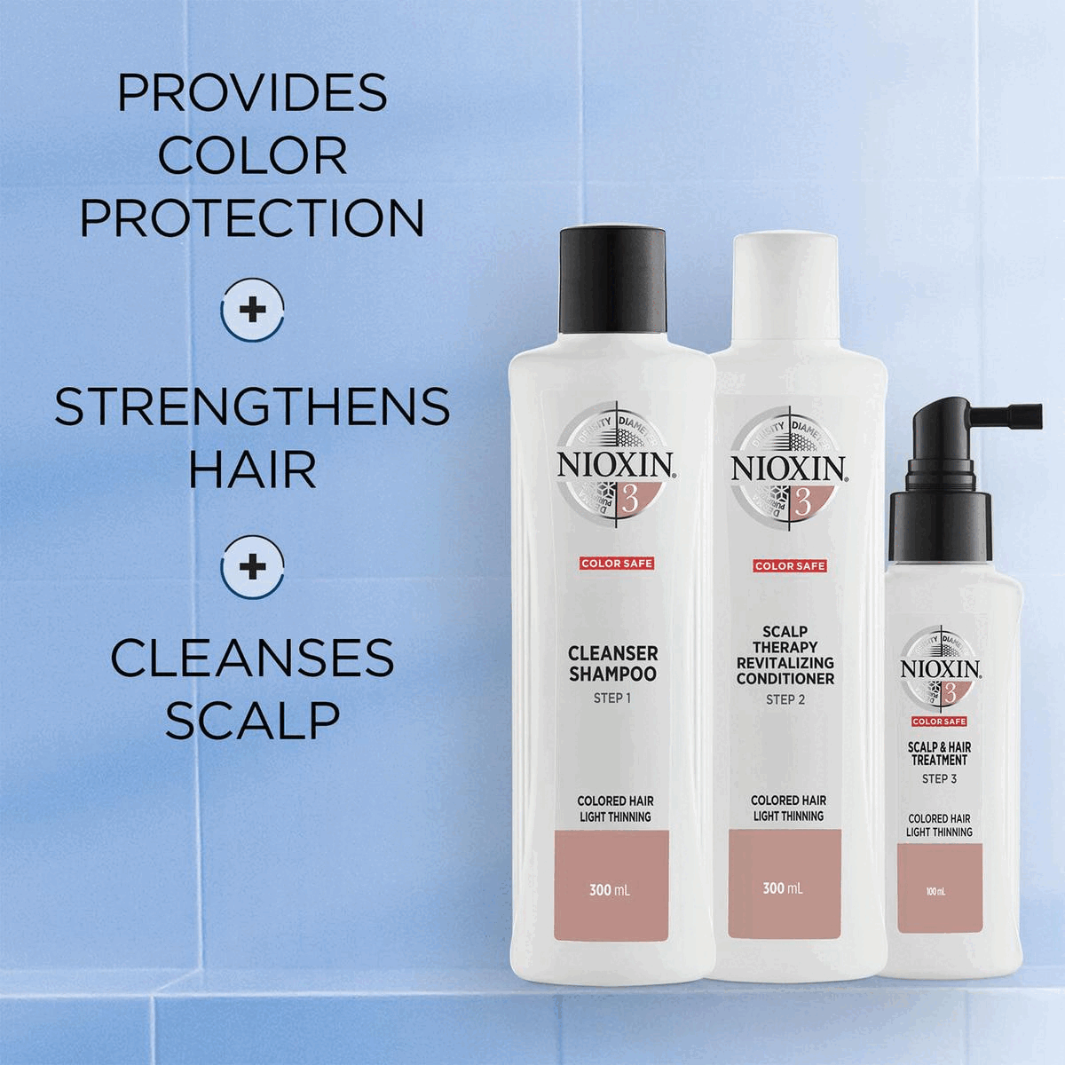 Provides colour protection + strengthens hair + cleanses scalpHow to use Nioxin System Kit No.2 for natural hair with light thinning. 
            Step 1 cleanser shampoo: gently massage into hair and scalp, rinse well. 
            Step 2 Scalp Therapy revitalising conditioner: apply from scalp to ends, leave in for 1 to 3 minutes. Rinse.
            Step 3 Scalp & Hair Treatment: Shake well. Apply evenly to entire scalp. Do not rinse.Trial Size Kit - Daily Use 30 Days.
            Full Size Kit - Daily Use 90 days Dermatologically tested, clinically proven - Dr Caroline Robinson, MD, FAAD, Board-Certified Dermatologist


            