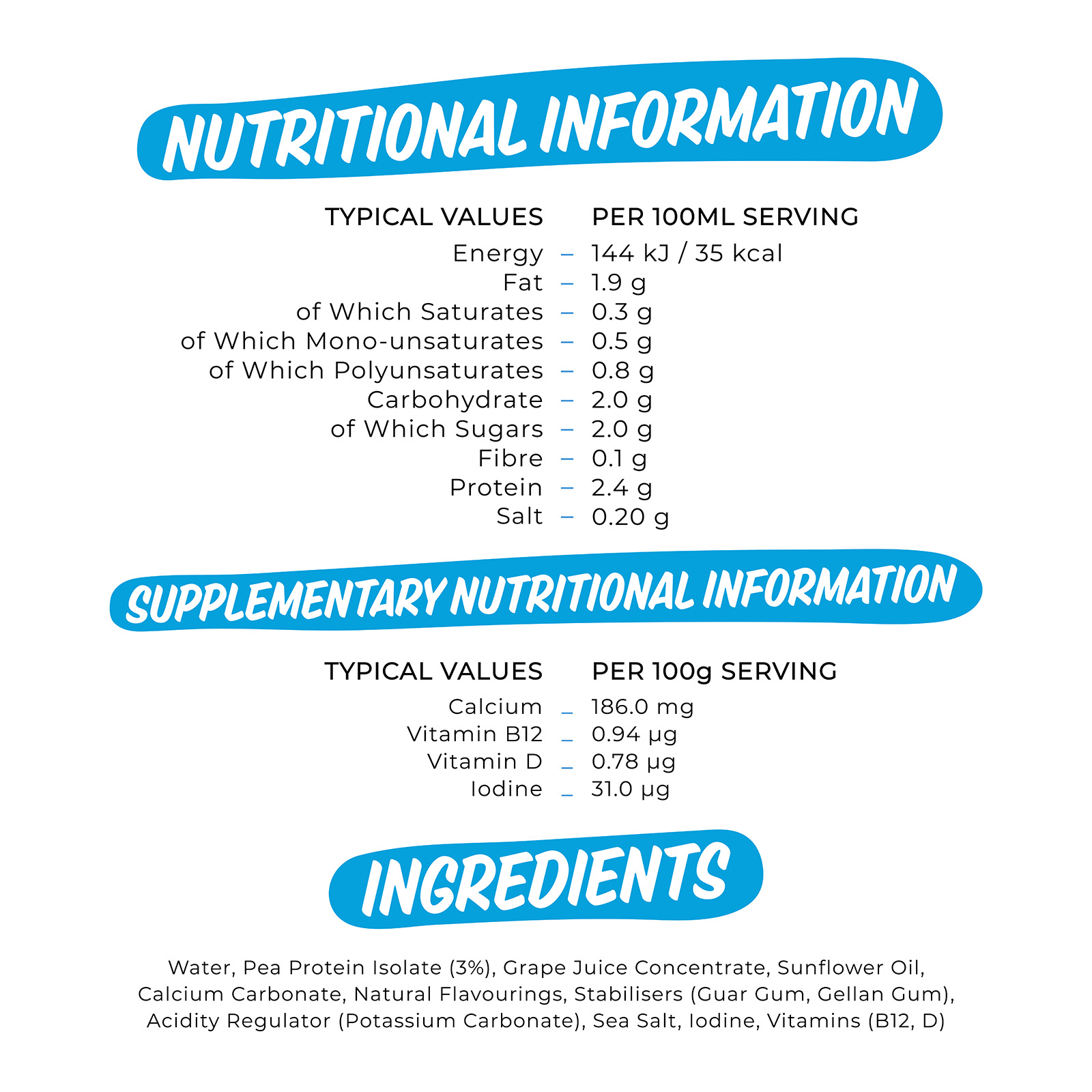 

                                  TYPICAL VALUES PER 100ML SERVING Energy 144 kJ / 35 kcal Fat 1.9 g of Which Saturates 0.3 g of Which Mono-unsaturates 0.5 g of Which Polyunsaturates 0.8 g Carbohydrate 2.0 g of Which Sugars 2.0 g Fibre 0.1 g Protein 2.4 g Salt 0.20 g 
                                  CUPPLEMENTARY NUTRITIONAL INFORMATION 
                                  TYPICAL VALUES PER 100g SERVING Calcium _ 186.0 mg Vitamin B12 _ 0.94 pg Vitamin D _ 0.78 pg Iodine _ 31.0 pg 

                                  Water, Pea Protein Isolate (3%), Grape Juice Concentrate, Sunflower Oil, Calcium Carbonate, Natural Flavourings, Stabilisers (Guar Gum, Gellan Gum), Acidity Regulator (Potassium Carbonate), Sea Salt, Iodine, Vitamins (B12, D) 

                                  
