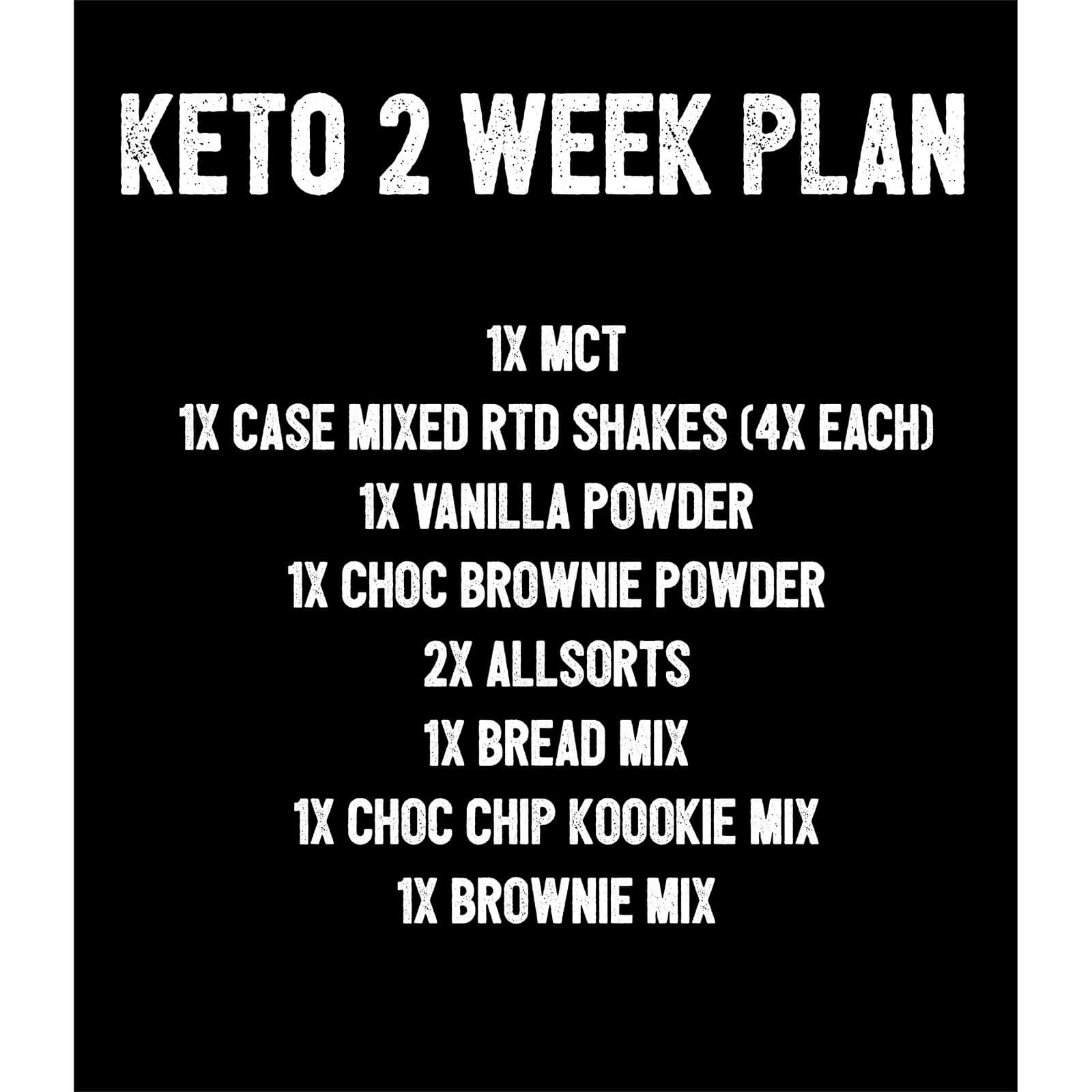 keto 2 week plan, 1x mct 1x case mixed rtd shakes (4x each)1x vanilla powder 2x allsorts 1x bread mix 1x choc chip koookie mix 1x brownie mix