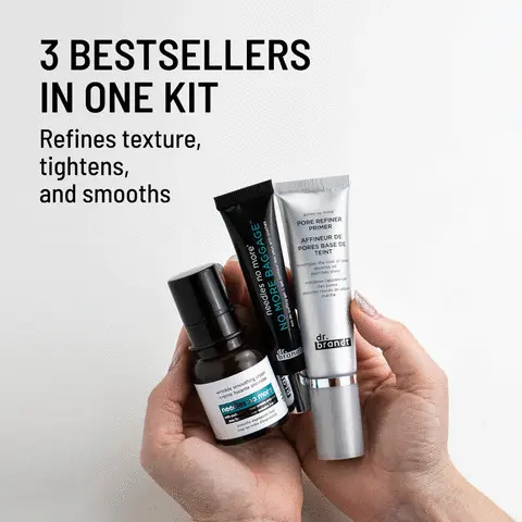 3 bestsellers in one kit, refine texture, tightens, and smooths. routine for lifting and smoothing. 1.cleanse 2. treat (wrinkles) 3. treat (undereye) 4. moisture 5.prime