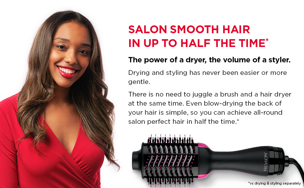 SALON SMOOTH HAIR IN UP TO HALF THE TIME*
                                  The power of a dryer, the volume of a styler. Drying and styling has never been easier or more gentle. There is no need to juggle a brush and a hair dryer at the same time. Even blow-drying the back of your hair is simple, so you can achieve all-round salon perfect hair in half the time.