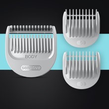 Image of the click-on combs-from 0.5 mm with the sensitive SkinGuard comb, and 3 - 11 mm with the sliding comb