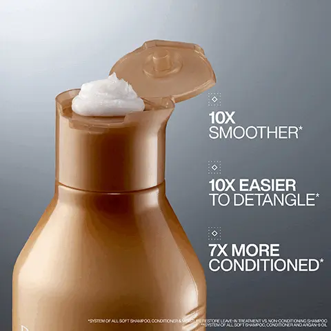 Image 1, 10X SMOOTHER* HER* 10X EASIER TO DETANGLE* 7X MORE CONDITIONED* "SYSTEM OF ALL SOFT SHAMPOO CONDITIONER & MORE RESTORE LEAVE-IN TREATMENT VS NON-CONDITIONING SHAMPOO SYSTEM OF ALL SOFT SHAMPOO CONDITIONER AND ARGAN OIL Image 2, ARGAN OIL HELPS MOISTURISE DRY HAIR Image 3, BEFORE AFTER* *ALL SOFT SHAMPOO, CONDITIONER, AND MOISTURE RESTORE Image 4, BEFORE AFTER* *ALL SOFT SHAMPOO, CONDITIONER AND MOISTURE RESTORE Image 5, "I CAN HONESTLY SEE WHAT THE HYPE IS AND WHY HAIRDRESSERS USE THIS IN SALONS. IT MADE MY HAIR SO INCREDIBLY SOFT, SMOOTH AND FEELING SO HEALTHY** *RECEIVED THE PRODUCT TO TRY FROM MARIE CLAIRE BEAUTY DRAWER, FEB 2023 REDKEN all soft shampoo 2% 1300 BALANCED FORMULA REDKEN all soft conditioner mpooing 5% 101300 BALANC FORMULA Image 6, ADDS INTENSE SOFTNESS & SHINE REDKEND apro-shampooing conditioner all soft 150 MLANDED Image 7, CONDITION SHAMPOO 1 2 LEAVE-IN 3: TREATMENT REDKEN REDKEN all soft shampoo shampooing REDKEN STHAVENCE N all soft. conditioner apres-shampooing nosturing hydat 1011300 10140530044 BALANCED 100 300 10040300- BALANCED FORMULA all soft moisture restore 30 REDKEN all soft- agan-6 4 OIL