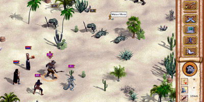 The player's group, in a desert fighting lizard-like creatures