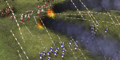 Arrows and flaming projectiles fill the sky in a vicious encounter between two forces
