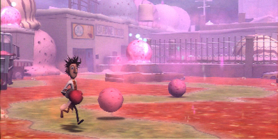 Meatballs rain down from the sky as the player runs across the screen