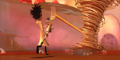 The player, pulling a whirlwind of spaghetti with a giant fork