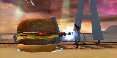 The player punching a giant burger with a boxing glove
