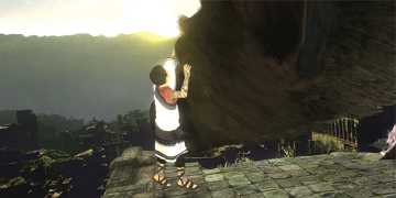 The player's character, stroking the head of a huge, dog-like creature, befriended in the game