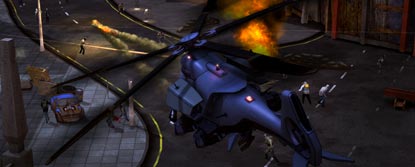 A helicopter flying over the scene of a shoot-out