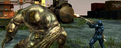 The player's character, shooting a large monster