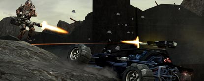A character with a minigun, exchanging fire with a vehicle