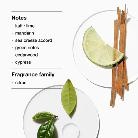 Image 1 - An image displaying ingredients for a fragrance on white plates, featuring a slice of kaffir lime and sticks of cinnamon on one plate, and green leaves on another plate, with visible text listing notes like kaffir lime, mandarin, sea breeze accord, green notes, cedarwood, cypress, and the fragrance family as citrus.
              Image 2 - A glass perfume bottle with an orange hue and a silver cap, labeled clinique happy. FOR MEN, next to text reading Cool and crisp with a hint of a citrusy scent.