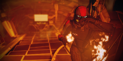 A soldier running through an extremely hot, collapsing part of a spaceship