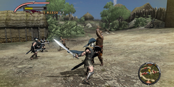 The player, fighting off an enemy and his companions
