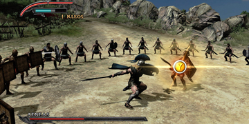 The player, circled by many enemies, whilst duelling one-on-one with an enemy in the centre