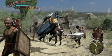 The player's character, jumping through the air, splitting a group of enemies