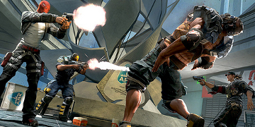 A two-on-two firefight, with one character falling down after being shot