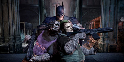 Batman, holding two Joke imposters together