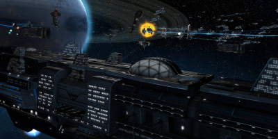 A swarm of small fighter ships flying above a huge cruiser