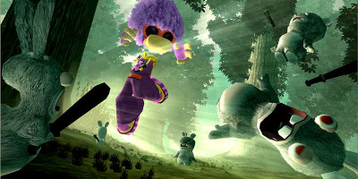 Rayman, dressed in 70s clothing, attacking some Rabbids