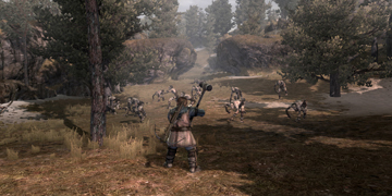 The player, being approached by a group of creatures in a woodland area