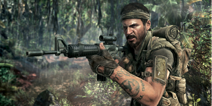 A soldier walking through a jungle environment, with an M16