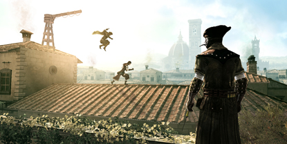 An enemy overlooking two others jumping across a roof