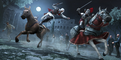 The player's character, jumping off a horse to attack an enemy