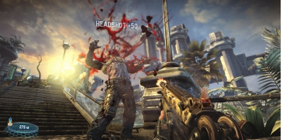 The player, scoring a headshot on an enemy at close range