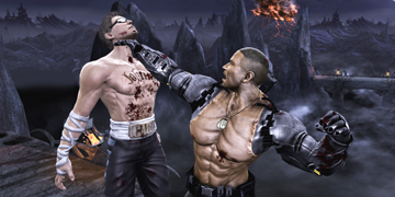 A character, holding his opponent up by the neck in one arm, about to punch him