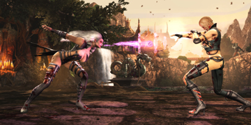 A female character, firing a pink beam towards her opponent