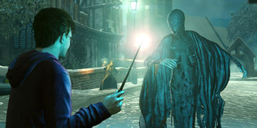 Harry, face-to-face with a dark creature, similar to Voldemort